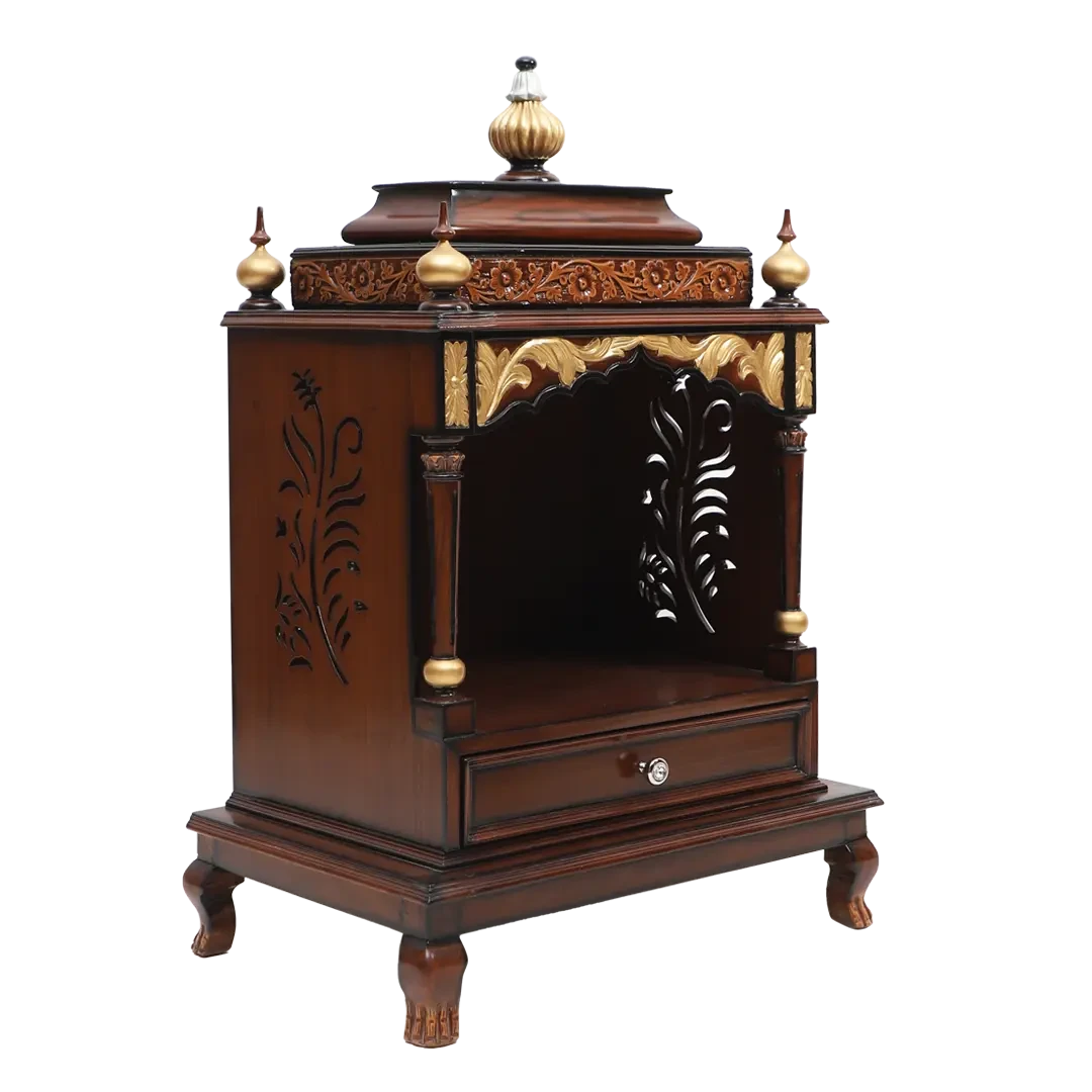 Aaradhana Medium Floor Rested Pooja Mandir/Wooden temple for home in Brown Gold color 45° side view