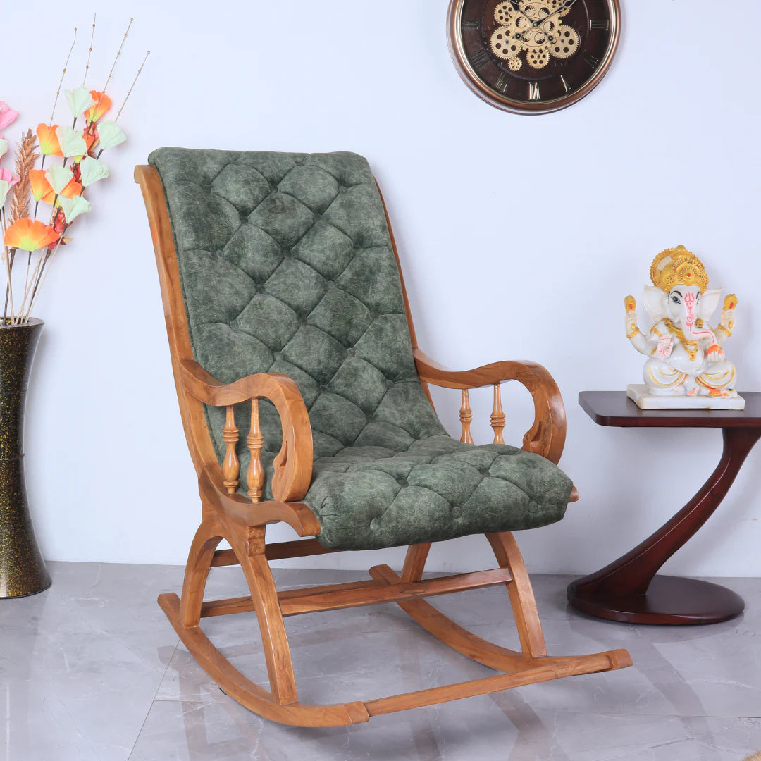 Aarava Fabric Upholstered Teak Wood Rocking Chair (Teak Forest) lifestyle view
