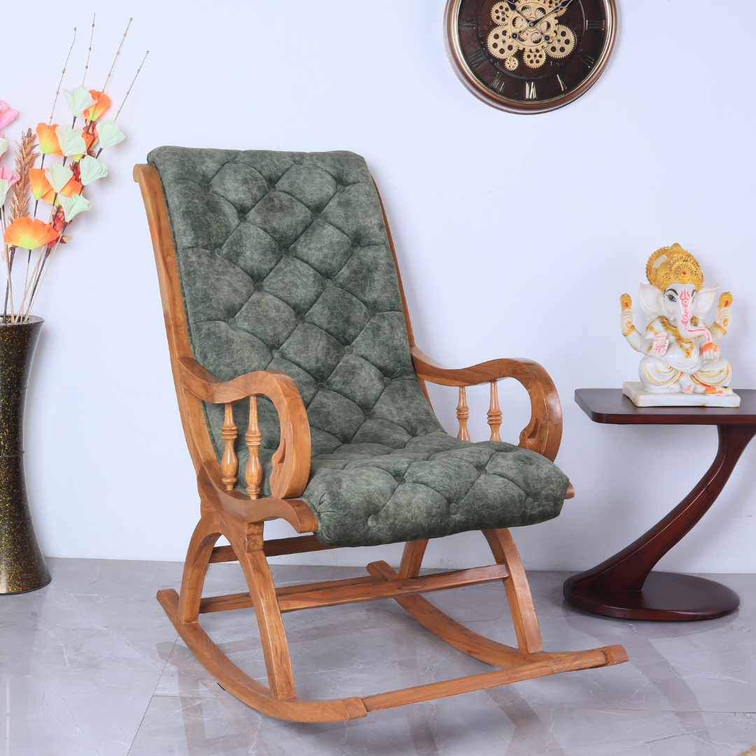 Lifestyle view of Aarava Fabric Upholstered Teak Wood Rocking Chair (Teak Forest)
