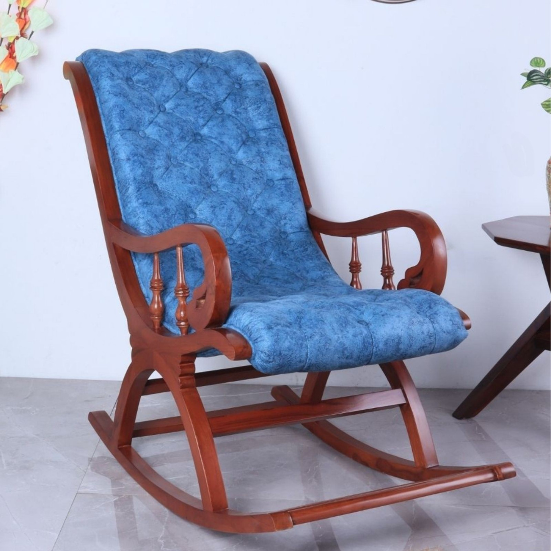 Lifestyle Image of Aarava Fabric Upholstered Teak Wood Rocking Chair (Teak Indigo)
