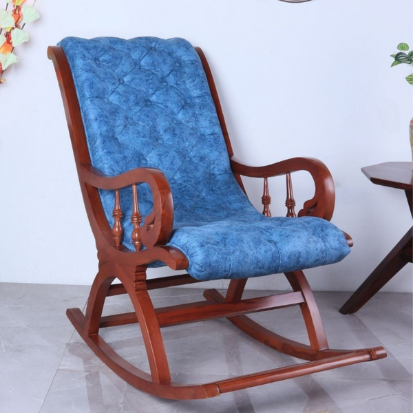 Aarava Fabric Upholstered Teak Wood Rocking Chair (Teak Indigo)