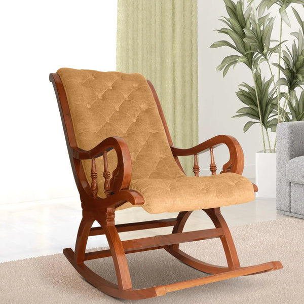 Aarava Fabric Upholstered Teak Wood Rocking Chair (Teak Gold) lifestyle view