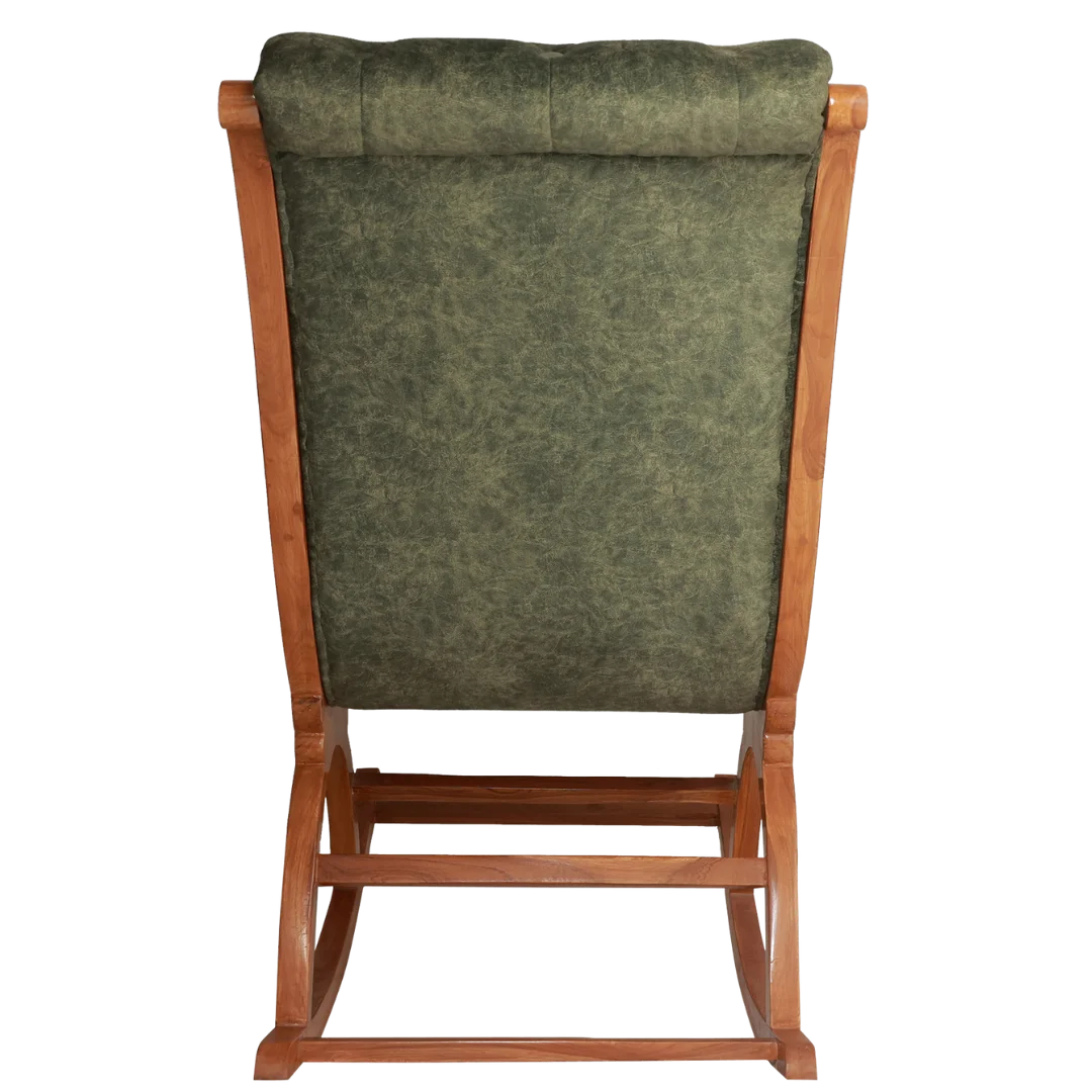 Aarava Fabric Upholstered Teak Wood Rocking Chair Back View(Teak Forest)