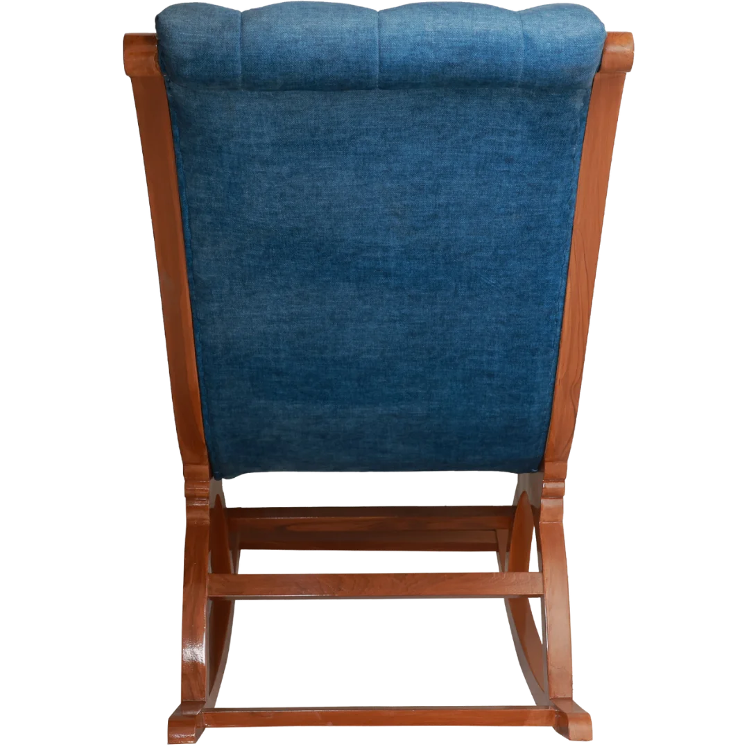 Aarava Fabric Upholstered Teak Wood Rocking Chair Back View(Teak Indigo)