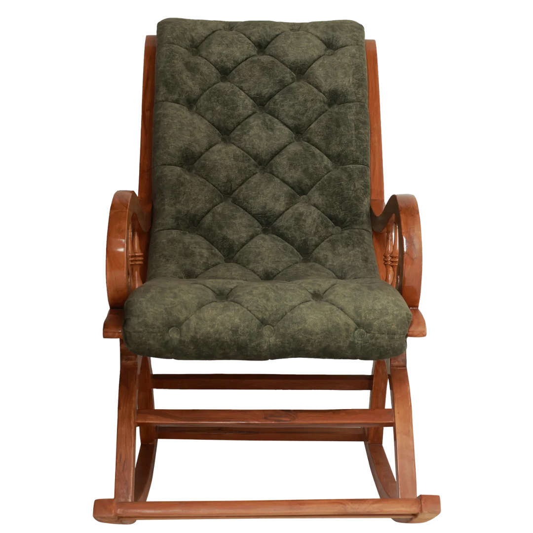 Aarava Fabric Upholstered Teak Wood Rocking Chair Front View(Teak Forest)