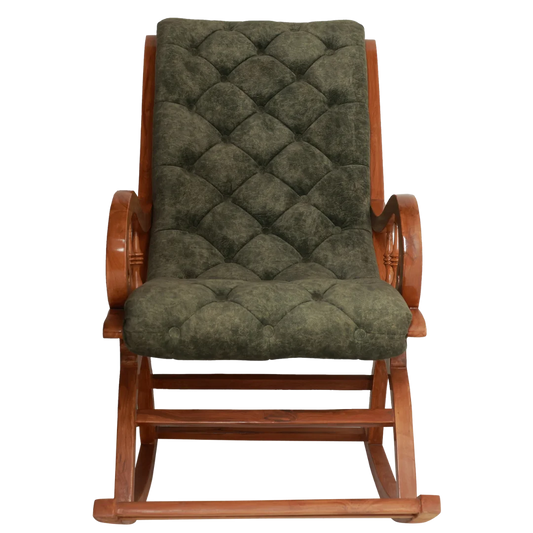 Aarava Fabric Upholstered Teak Wood Rocking Chair Front View(Teak Forest)