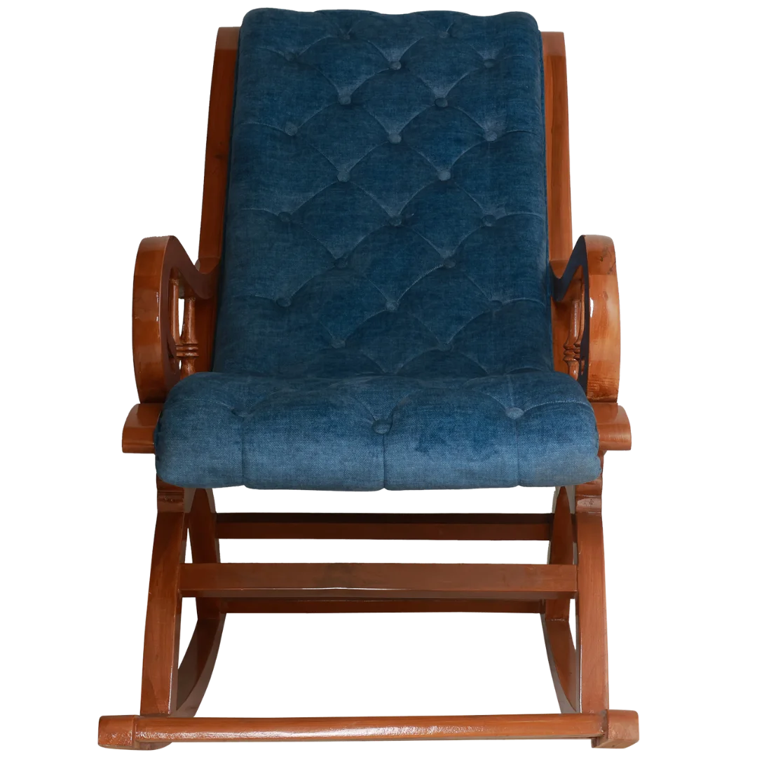 Aarava Fabric Upholstered Teak Wood Rocking Chair Front View(Teak Indigo)