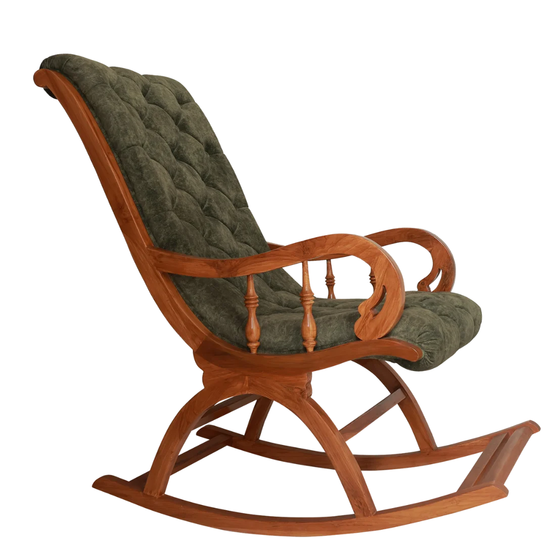 Aarava Fabric Upholstered Teak Wood Rocking Chair Side View Img(Teak Forest)