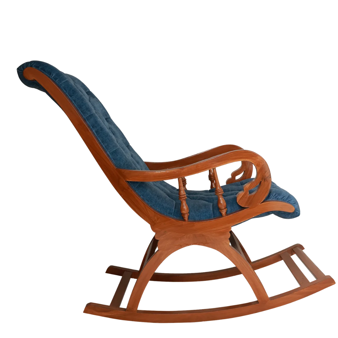 Aarava Fabric Upholstered Teak Wood Rocking Chair Side View(Teak Indigo)