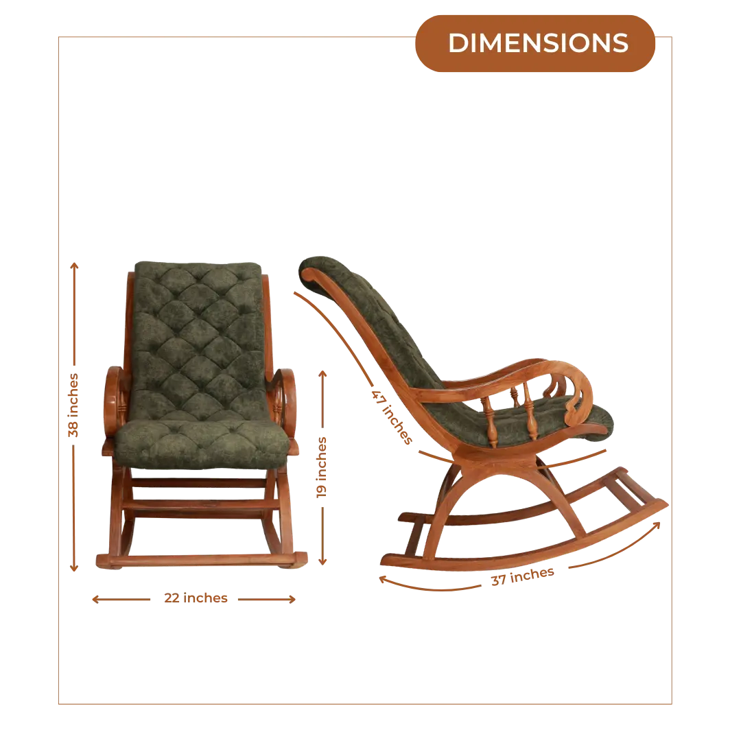 Aarava Fabric Upholstered Teak Wood Rocking Chair (Teak Forest) Dimensions Image