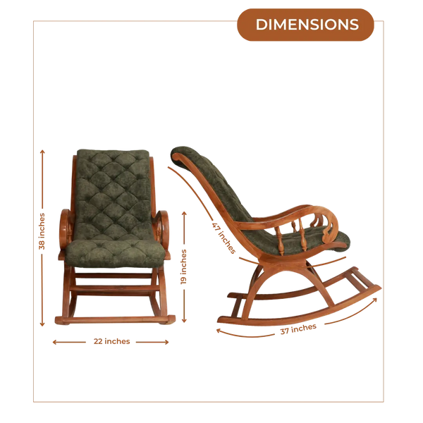 Aarava Fabric Upholstered Teak Wood Rocking Chair (Teak Forest) Dimensions Image