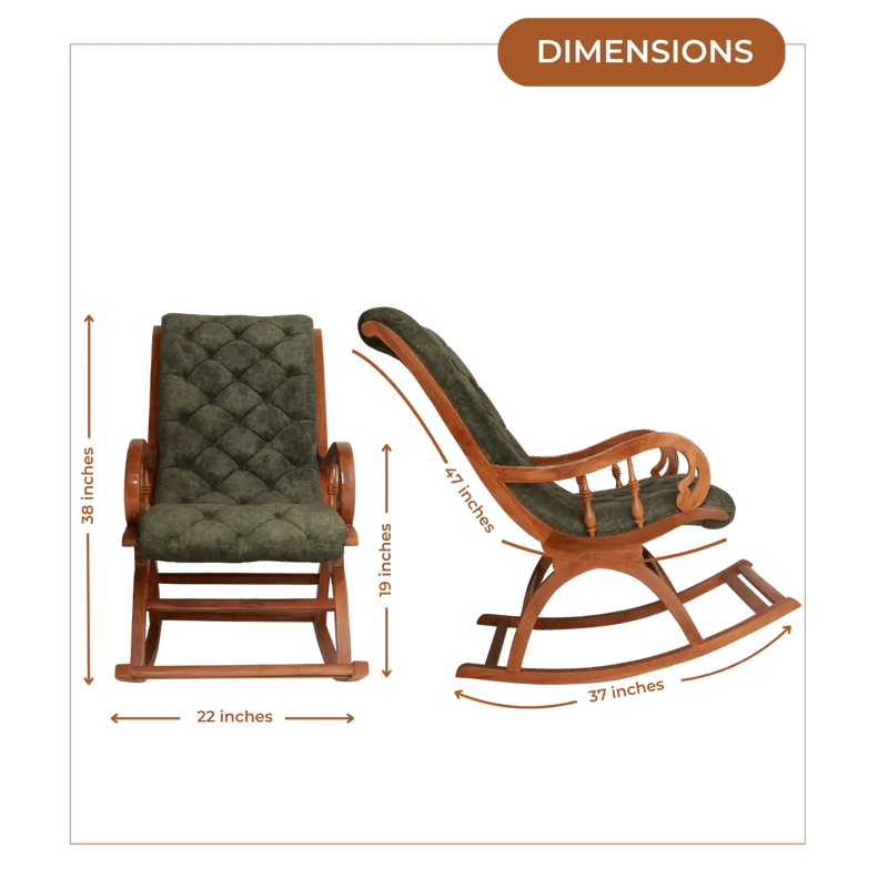 Aarava Fabric Upholstered Teak Wood Rocking Chair (Teak Forest) Dimensions Image