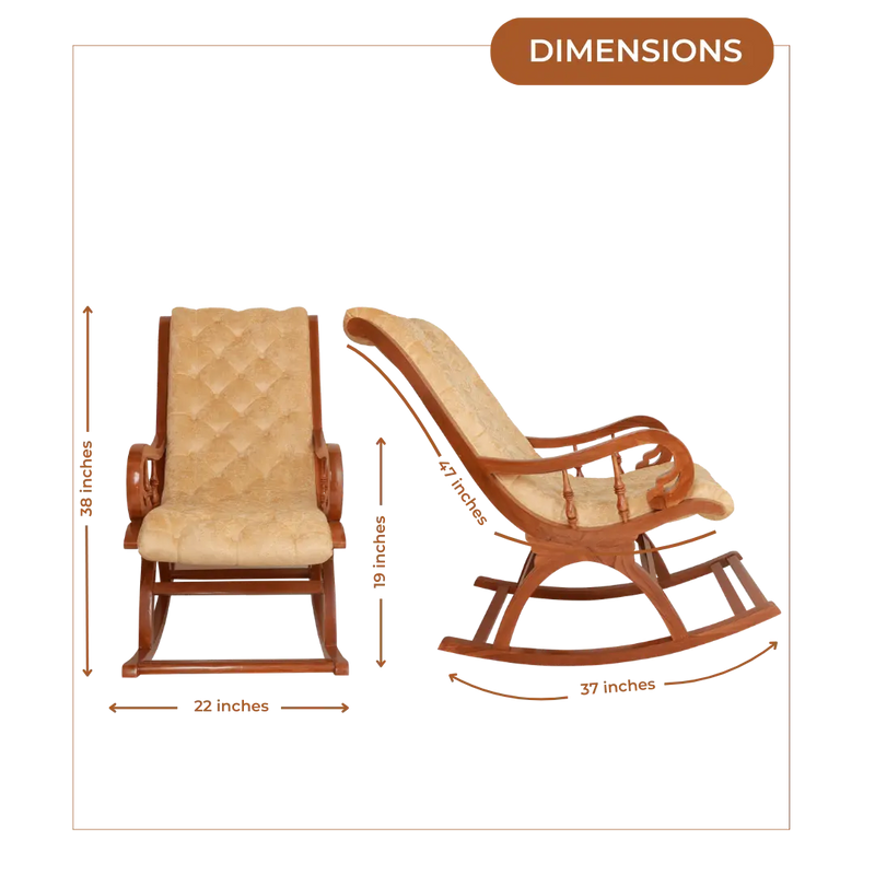 Aarava Fabric Upholstered Teak Wood Rocking Chair (Teak Gold) Dimensions Image