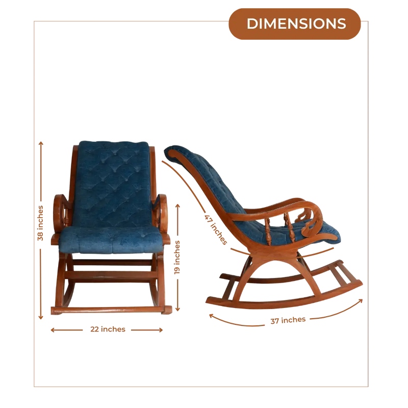 Aarava Fabric Upholstered Teak Wood Rocking Chair (Teak Indigo) Dimensions Image