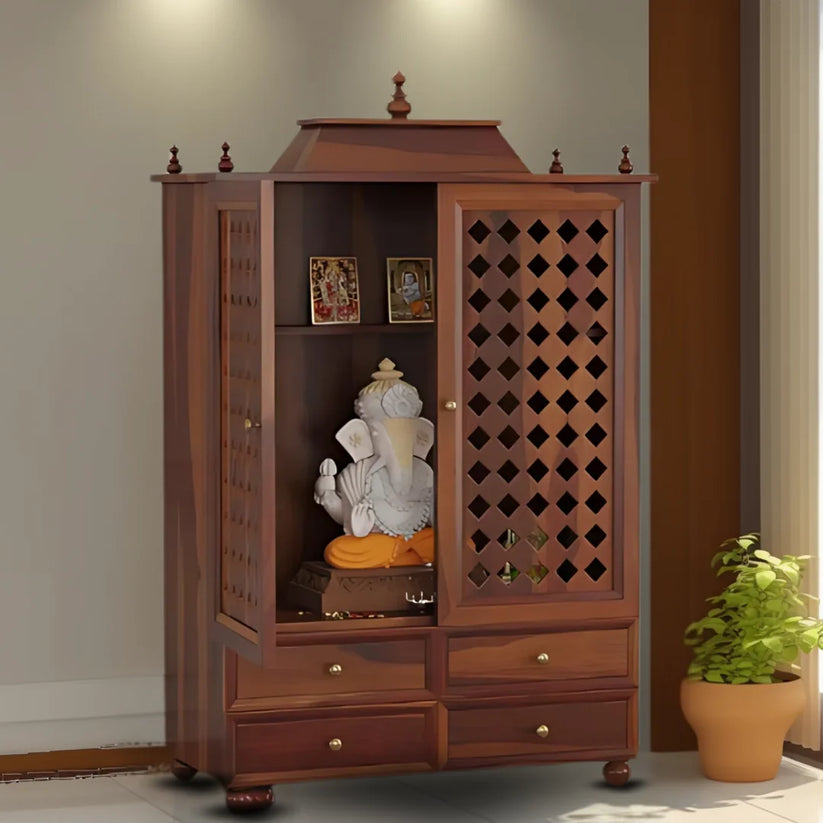 Aarvith sheesham Wood Pooja Mandap with Door - Teak
