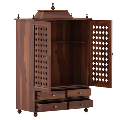 Aarvith Teak Wood Pooja Mandap With Door Teak SIde View Open Doors and Drawers