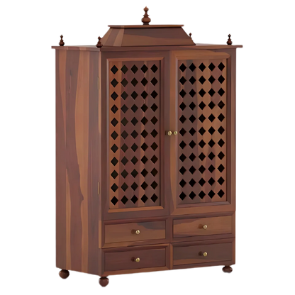Aarvith Teak Wood Pooja Mandap With Door Teak Side Angle
