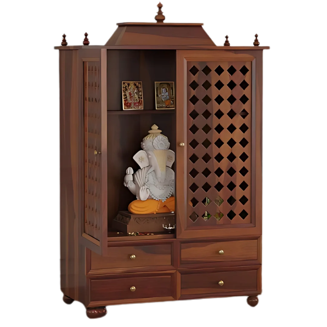 Aarvith Teak Wood Pooja Mandap With Door (Teak) Side View