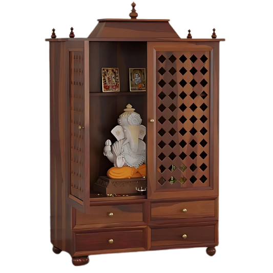 Aarvith Teak Wood Pooja Mandap With Door (Teak) Side View