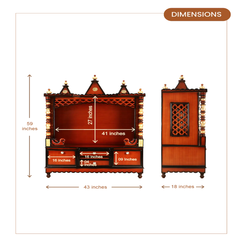 Abhikya Kostha Floor Rested Pooja Mandir without Door (Brown Gold) dimensions