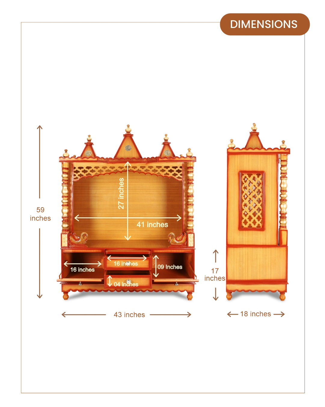 Abhikya Kostha Floor Rested Pooja Mandir without Door (Teak Gold) dimensions