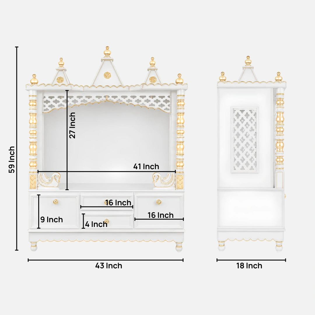 Abhikya Kostha Floor Rested Pooja Mandir without Door (White Gold) Dimensions