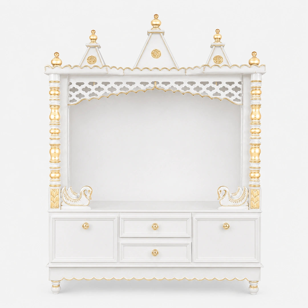 Abhikya Kostha Floor Rested Pooja Mandir without Door (White Gold) Front Image