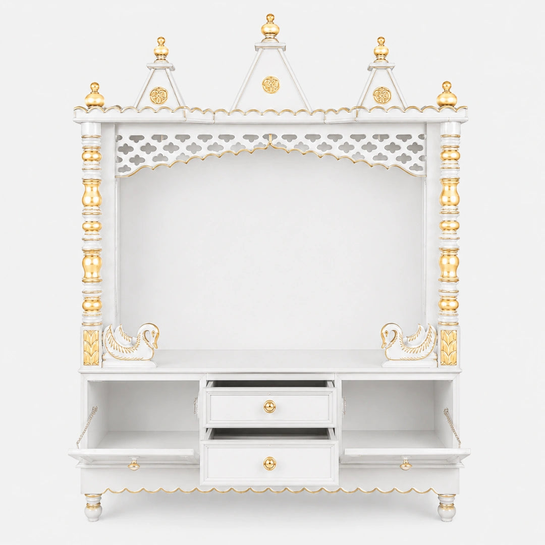 Abhikya Kostha Floor Rested Pooja Mandir without Door (White Gold) Front View Open Drawers