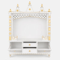 Abhikya Kostha Floor Rested Pooja Mandir without Door (White Gold) Front View Open Drawers