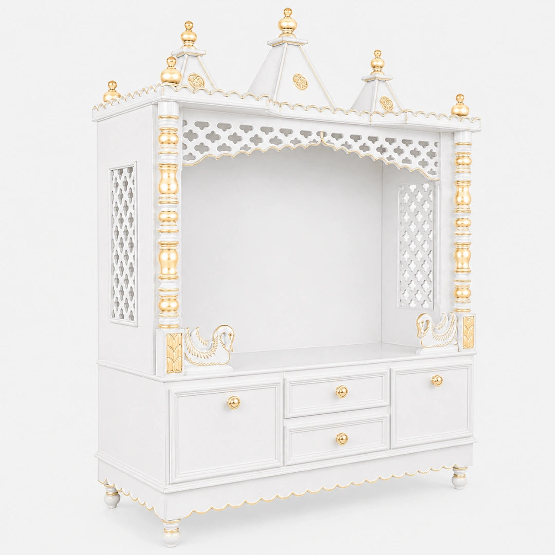 Abhikya Kostha Floor Rested Pooja Mandir without Door (White Gold) Side Image