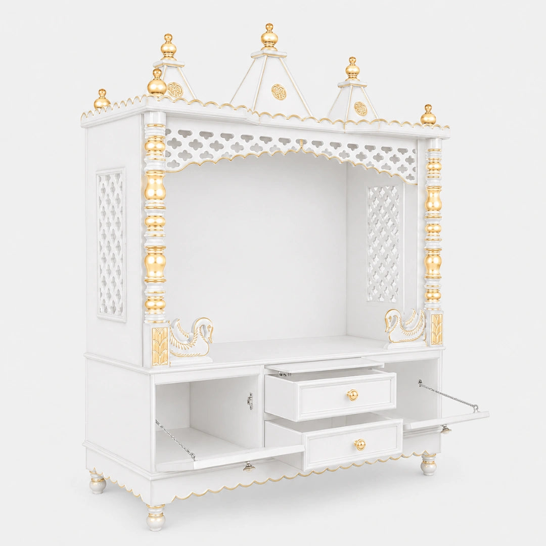 Abhikya Kostha Floor Rested Pooja Mandir without Door (White Gold) Side View Open Drawers