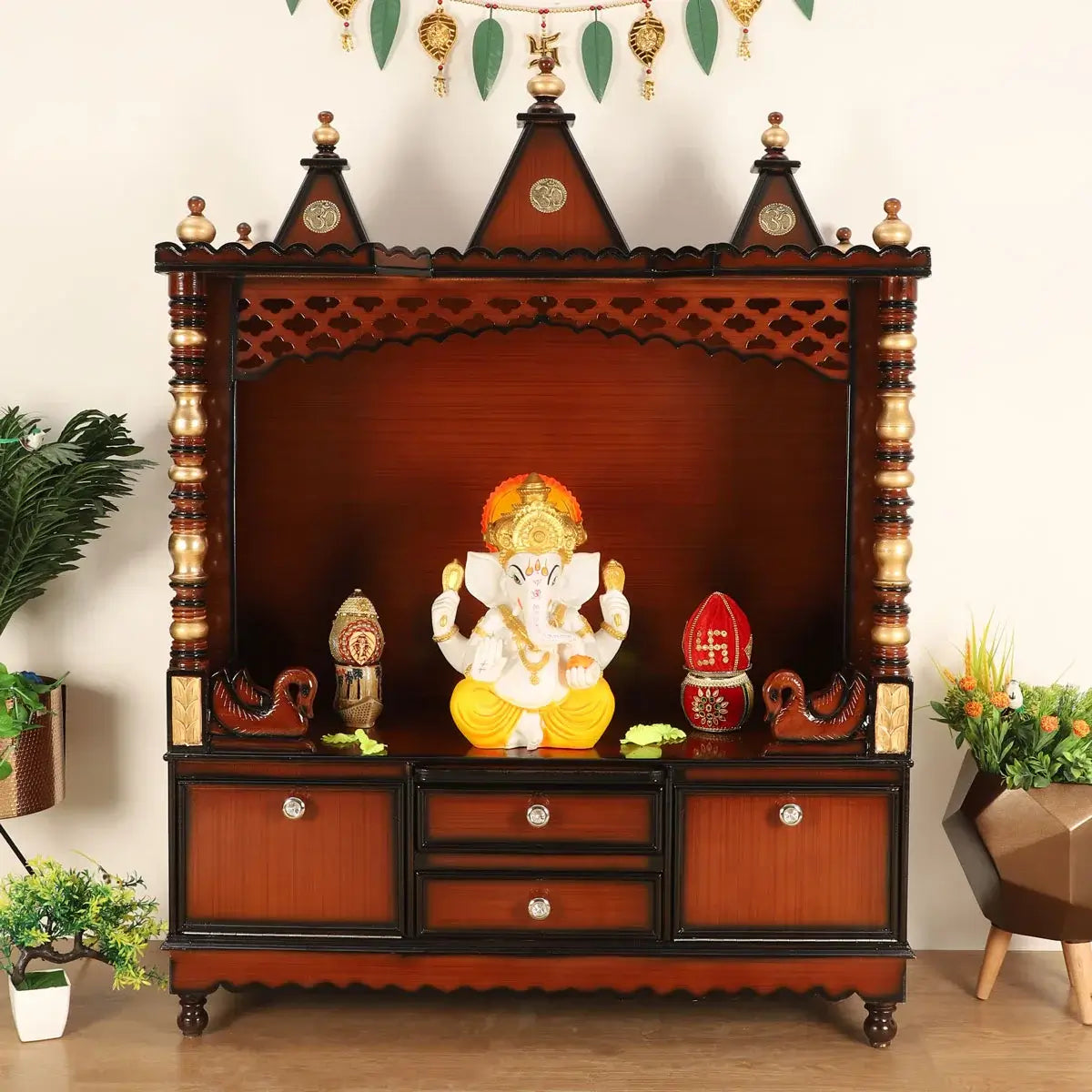 Abhikya Kostha Floor Rested Pooja Mandir without Door Brown Gold - Lifestyle Image