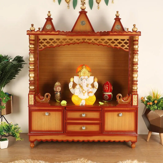 Abhikya Kostha Floor Rested Pooja Mandir without Door Teak Gold - Lifestyle Image