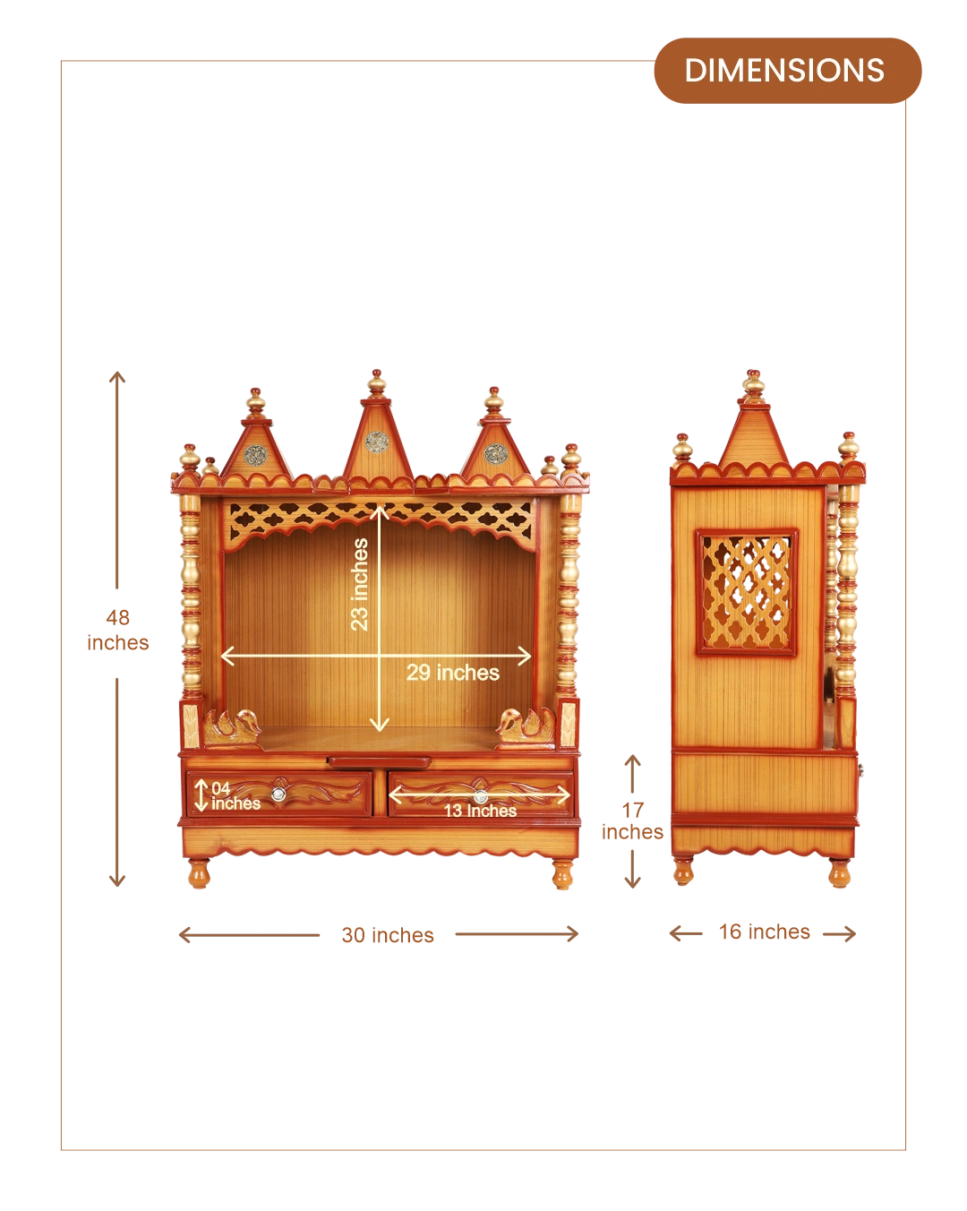Abhikya Sadana Floor Rested Pooja Mandir without Door (Teak Gold) dimensions
