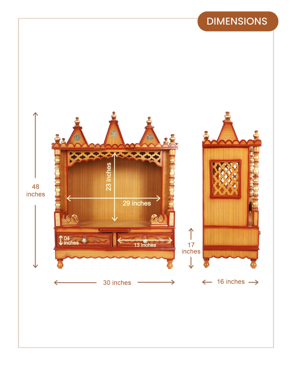 Abhikya Sadana Floor Rested Pooja Mandir without Door (Teak Gold) dimensions