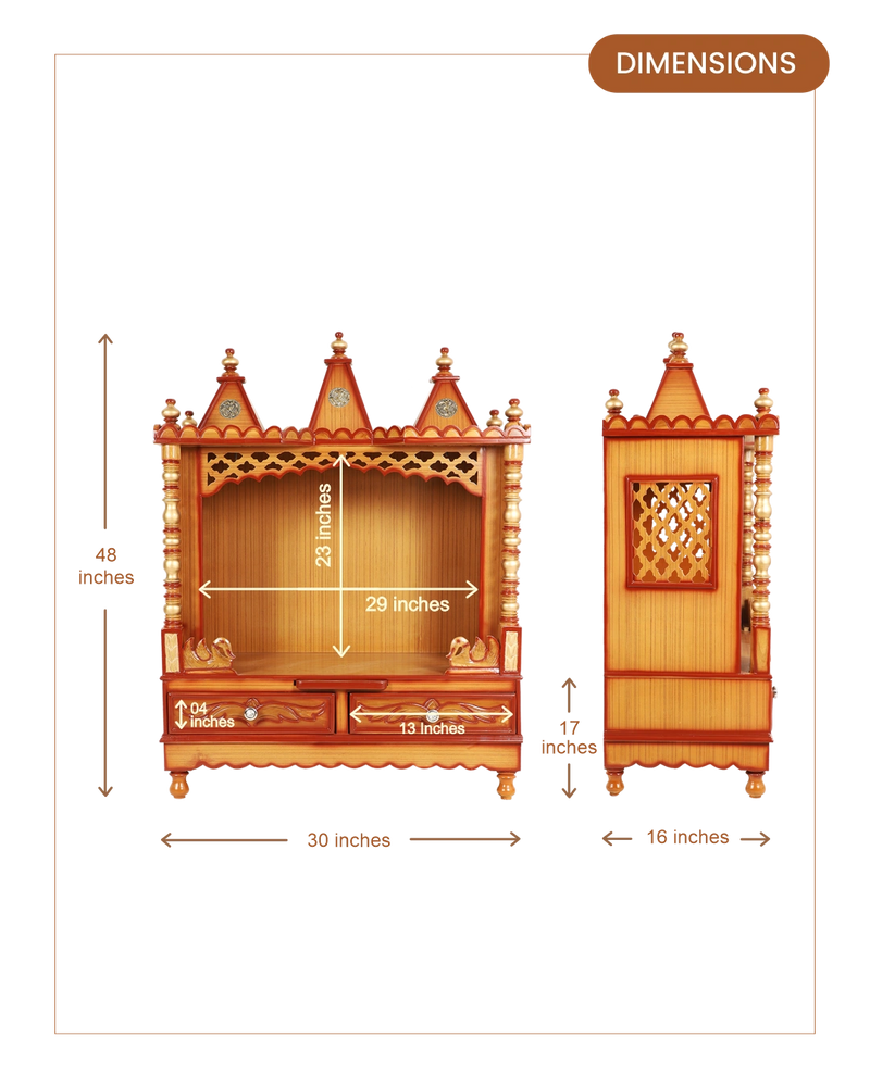 Abhikya Sadana Floor Rested Pooja Mandir without Door (Teak Gold) dimensions