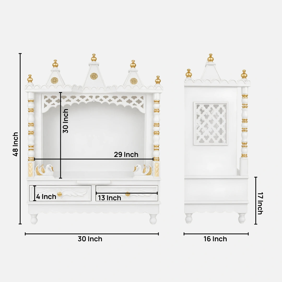 Abhikya Sadana Floor Rested Pooja Mandir without Door (White Gold) Diemnsions