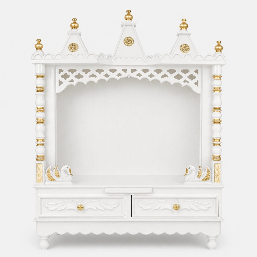 Abhikya Sadana Floor Rested Pooja Mandir without Door (White Gold) front view