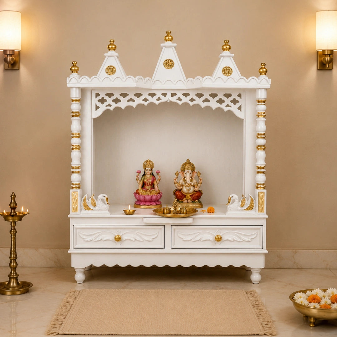 Abhikya Sadana Floor Rested Pooja Mandir without Door (White Gold) Lifestyle Image