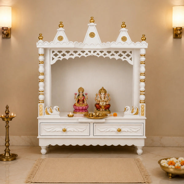 Abhikya Sadana Floor Rested Pooja Mandir without Door (White Gold) Lifestyle Image