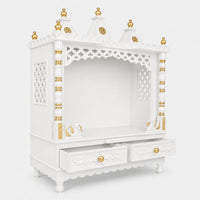 Abhikya Sadana Floor Rested Pooja Mandir without Door (White Gold) Side angle with open drawers