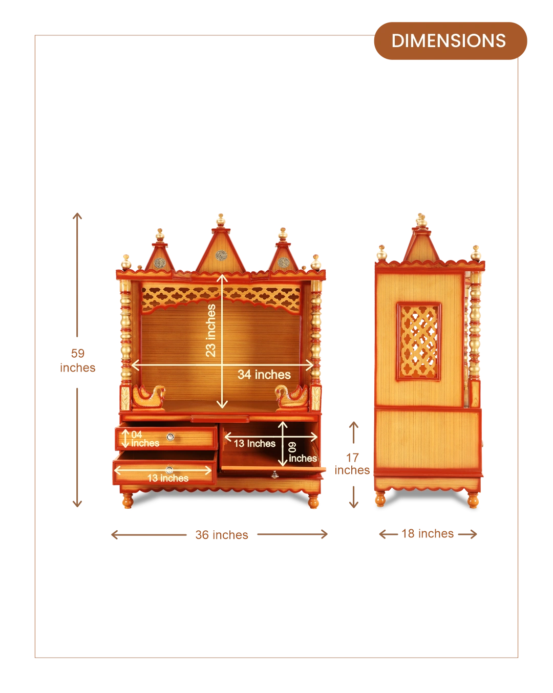 Abhikya Sthana Floor Rested Pooja Mandir without Door (Teak Gold) dimensions
