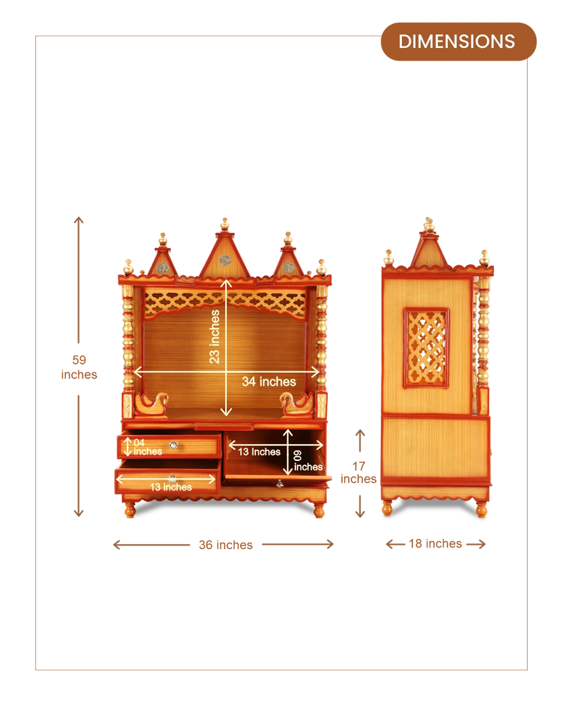 Abhikya Sthana Floor Rested Pooja Mandir without Door (Teak Gold) dimensions