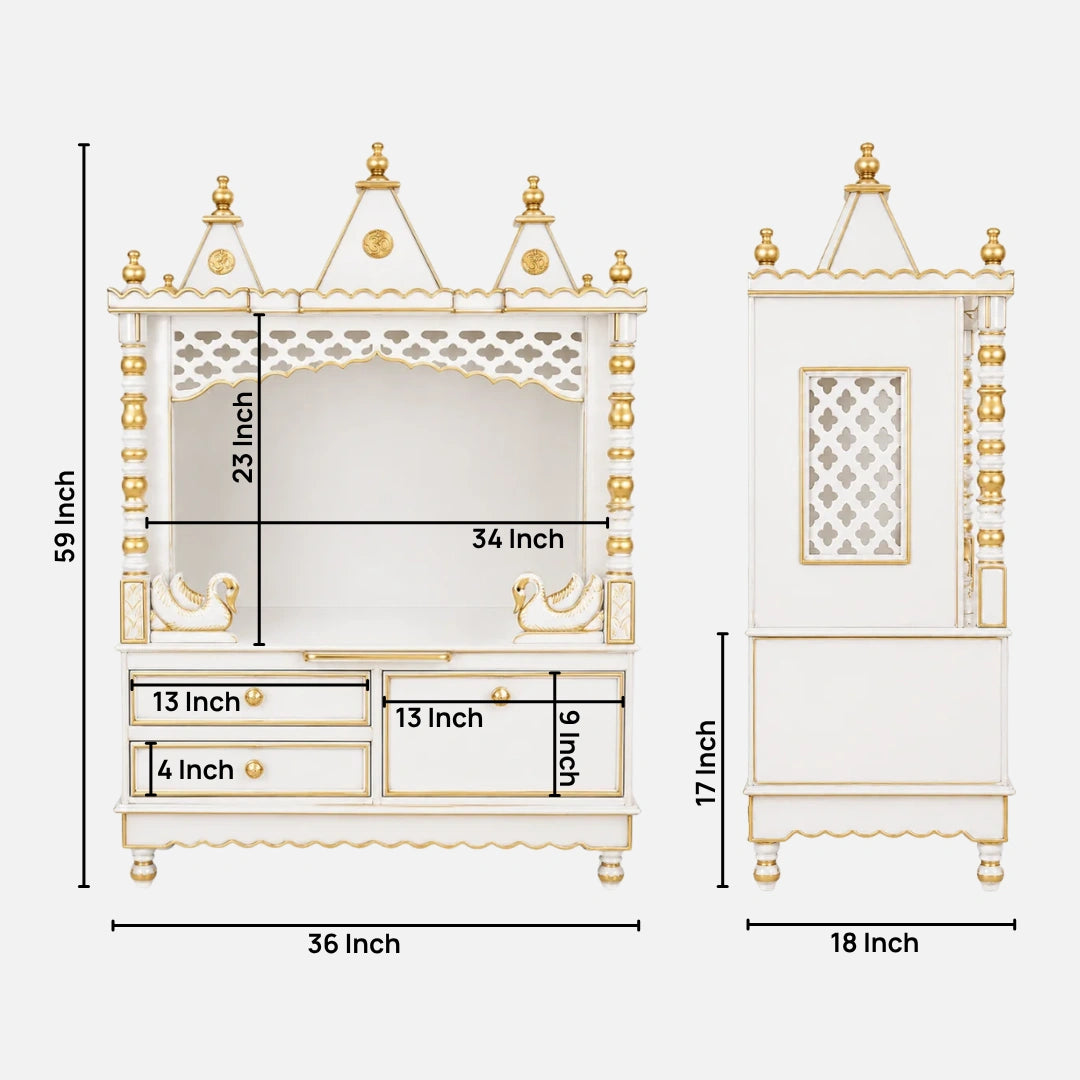 Abhikya Sthana Floor Rested Pooja Mandir without Door (White Gold) Lifestyle image Dimensions