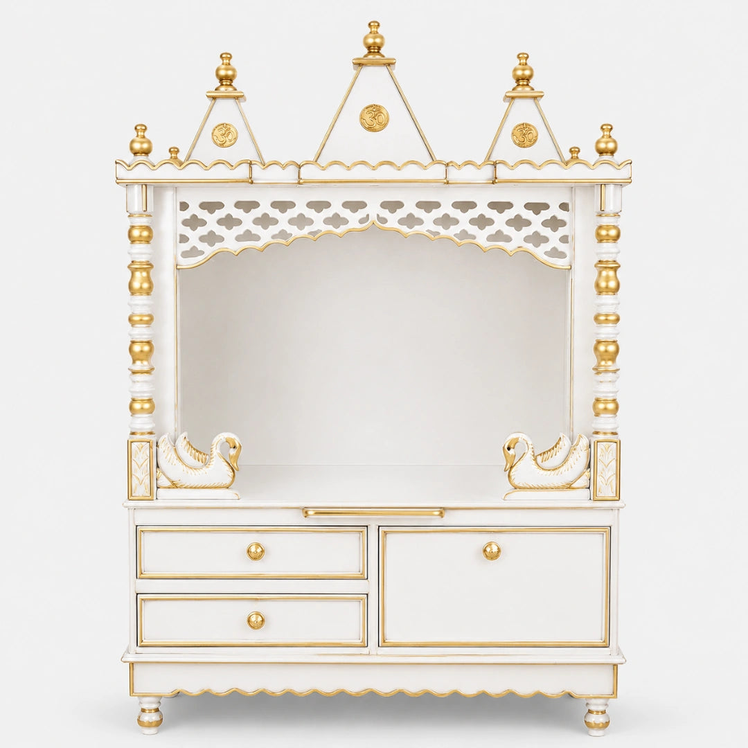 Abhikya Sthana Floor Rested Pooja Mandir without Door (White Gold) Front Image
