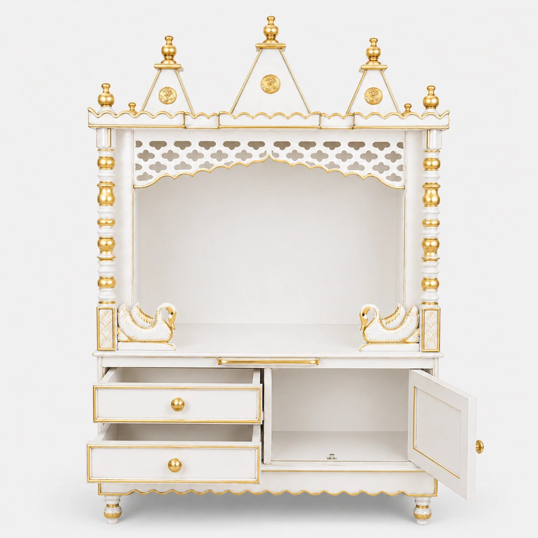 Abhikya Sthana Floor Rested Pooja Mandir without Door (White Gold) Front View Open Drawers