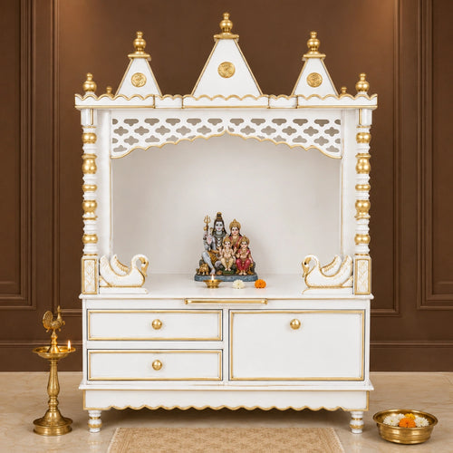 Abhikya Sthana Floor Rested Pooja Mandir without Door (White Gold)