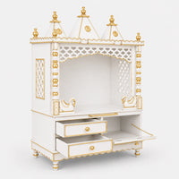 Abhikya Sthana Floor Rested Pooja Mandir without Door (White Gold) SIde View Open Drawers