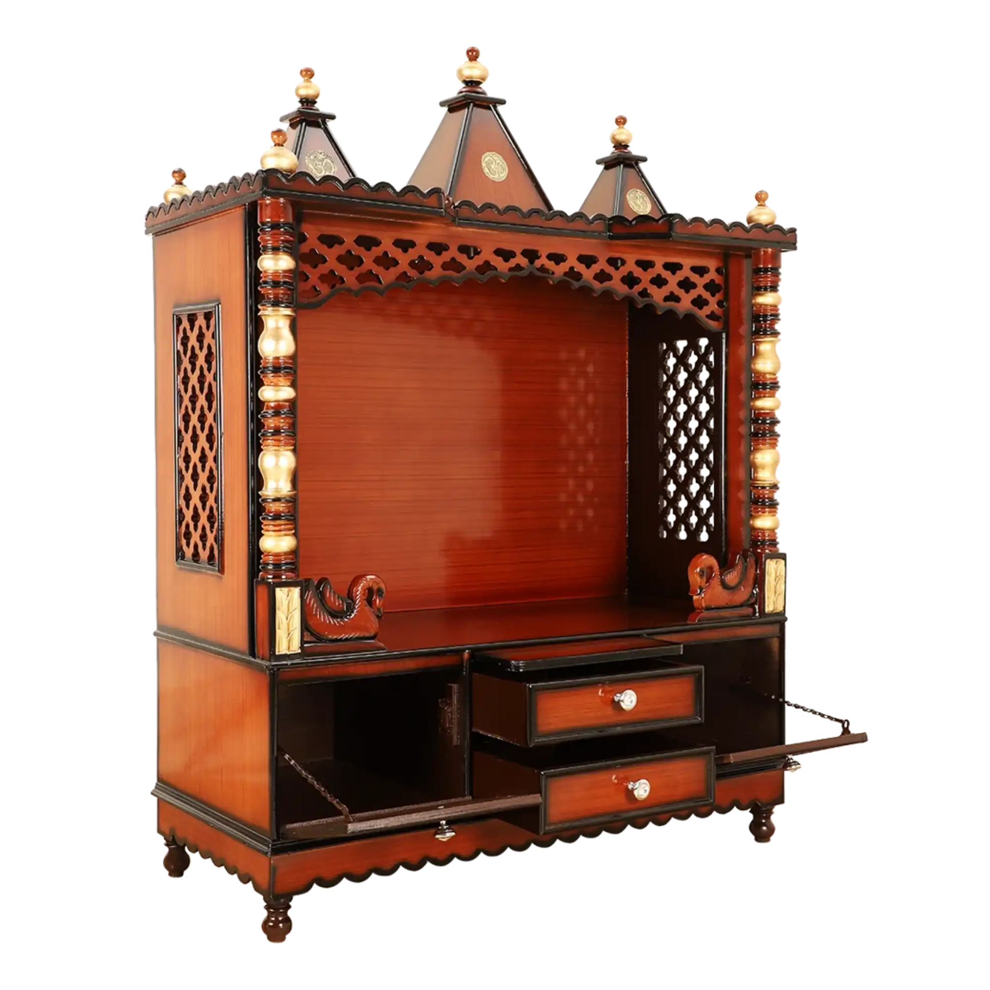 Abhikya Kostha Floor Rested Pooja Mandir/Wooden temple for home in Brown Gold color 45° side view 1