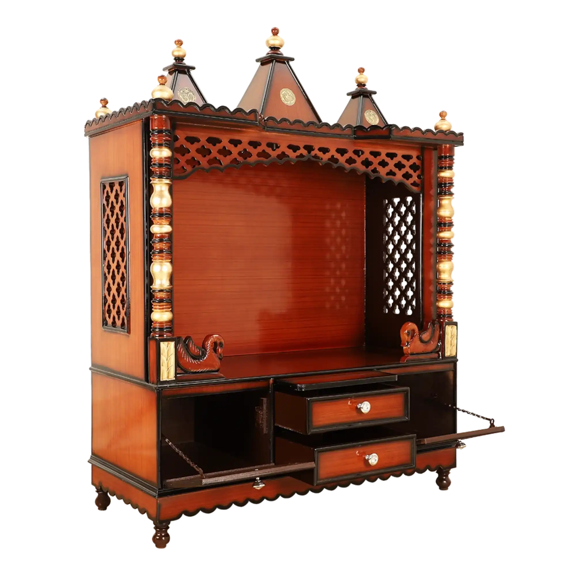 Abhikya Kostha Floor Rested Pooja Mandir/Wooden temple for home in Brown Gold color 45° side view 1
